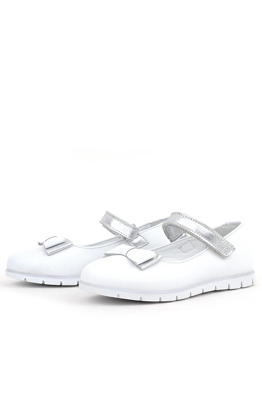 Rakerplus Genuine Leather White Girls' Ballet Flats with Silver Bow and Velcro Closure - 4