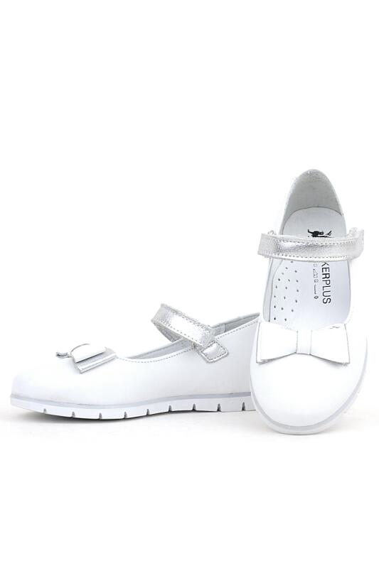 Rakerplus Genuine Leather White Girls' Ballet Flats with Silver Bow and Velcro Closure - 6