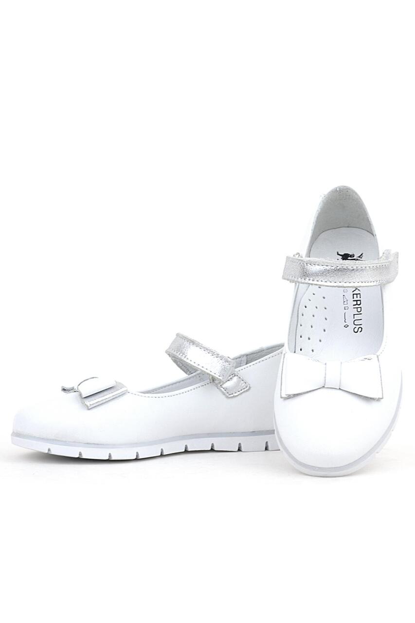 Rakerplus Genuine Leather White Girls' Ballet Flats with Silver Bow and Velcro Closure - 6