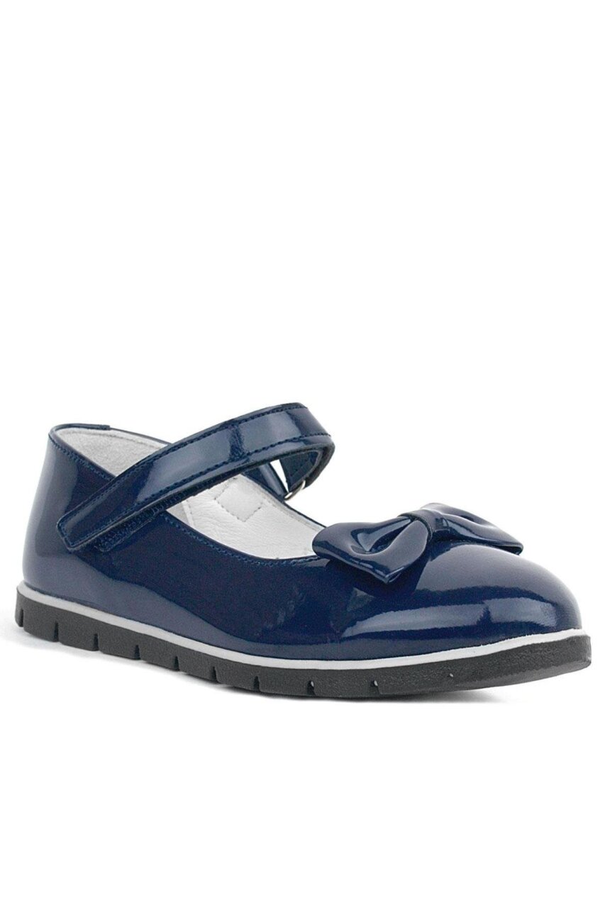 Rakerplus Navy Blue Patent Leather Girls' Ballet Flats with Bow and Velcro Closure - 1
