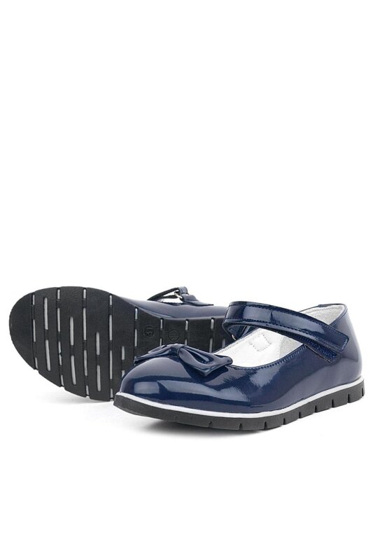 Rakerplus Navy Blue Patent Leather Girls' Ballet Flats with Bow and Velcro Closure - 4