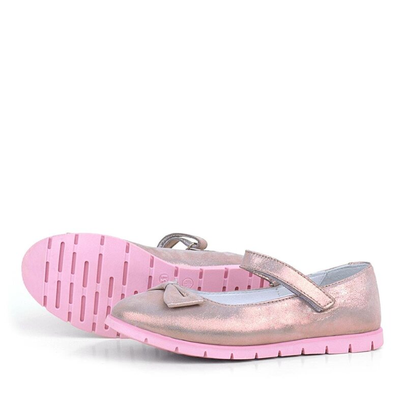 Rakerplus Genuine Leather Pink Glitter Bow Velcro Girls' Ballet Flats - 5