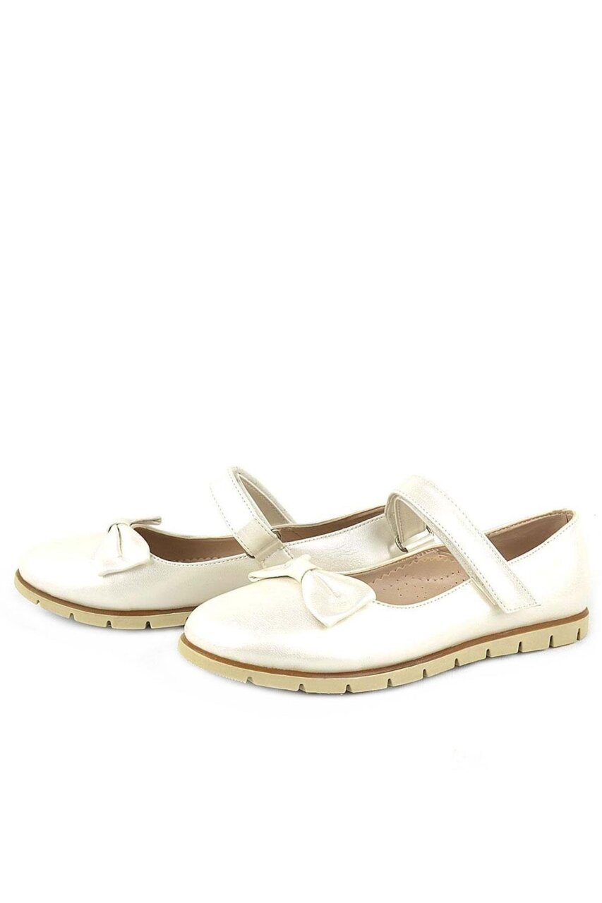 Rakerplus Off-White Patent Leather Girls' Ballet Flats with Bow and Velcro Closure - 4