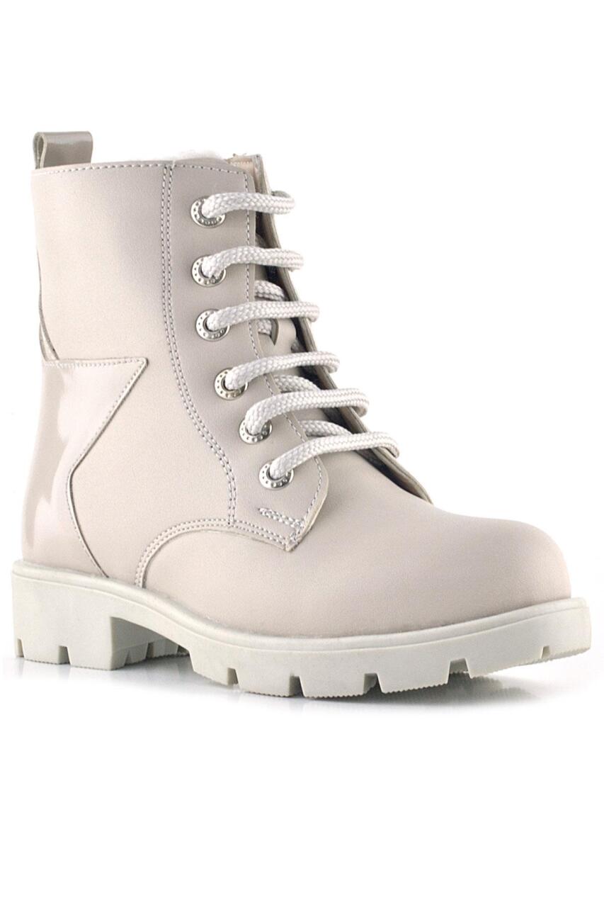 Rakerplus Krem Yıldız Detaylı Bağcıklı Fermuarlı Kız Çocuk Bot - 1