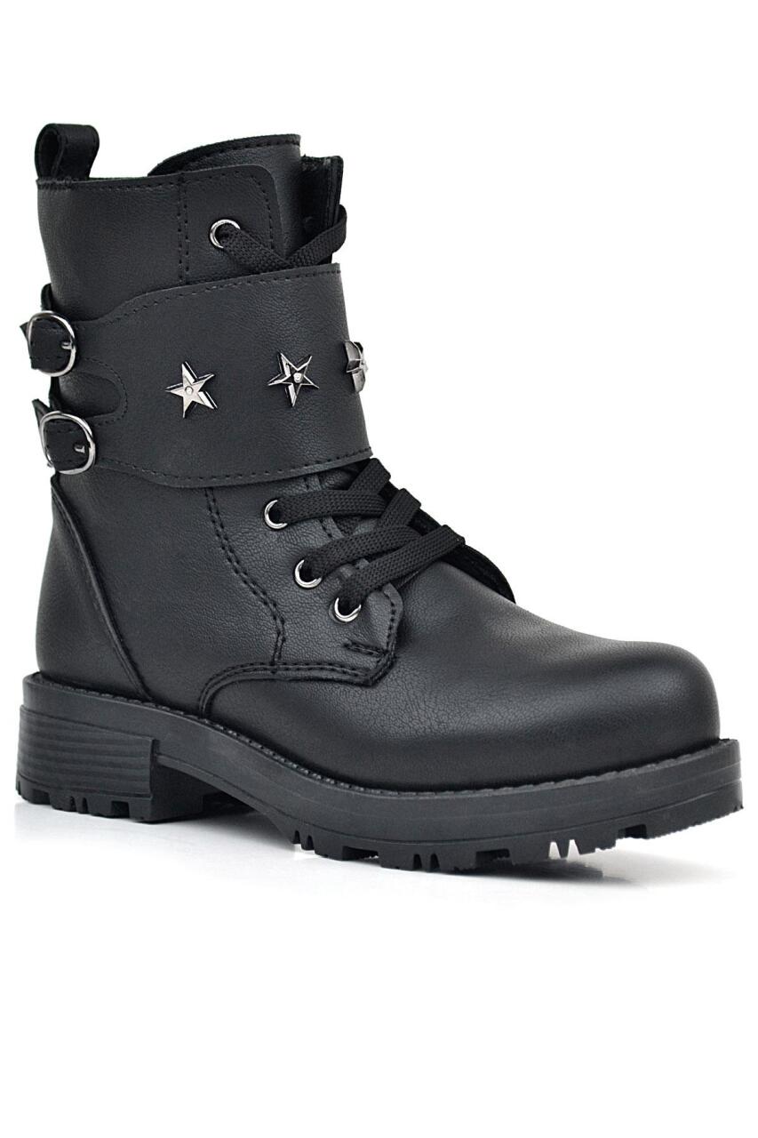 Rakerplus Siyah Bağcıklı Fermuarlı Yıldız Detaylı Kız Çocuk Bot - 1