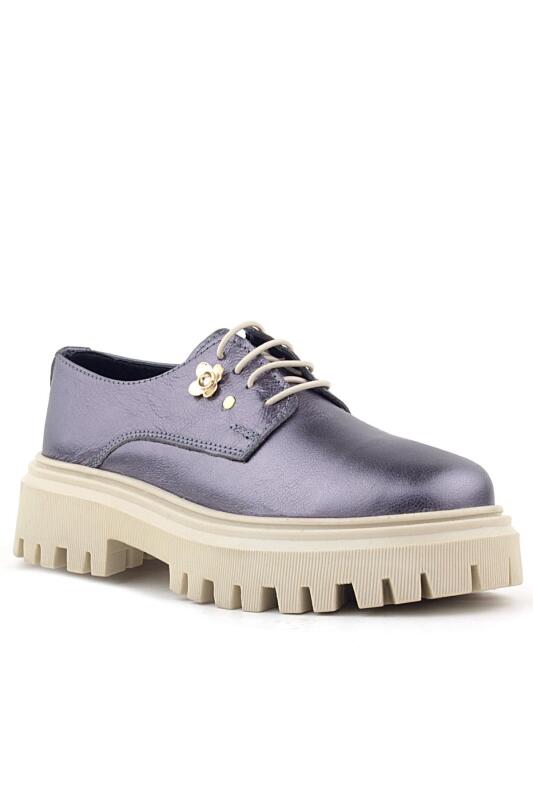 Rakerplus Platin Hakiki Deri Çiçek Detaylı Bağcıklı Oxford Günlük Ayakkabı - Rakerplus