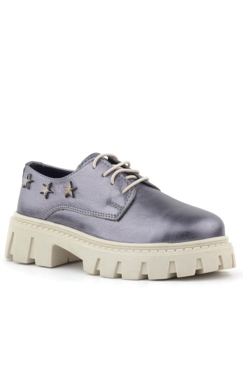 Rakerplus Platinum Genuine Leather Lace-up Star Patterned Girls' Oxford School Shoes - 1