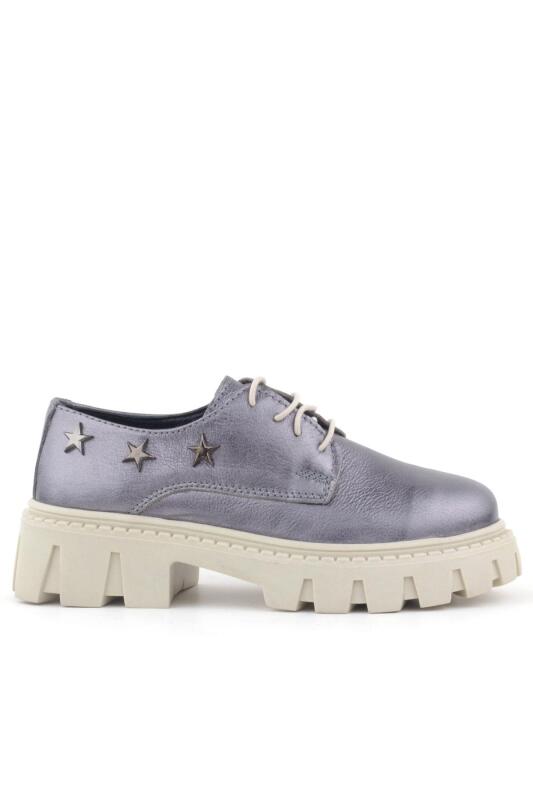 Rakerplus Platinum Genuine Leather Lace-up Star Patterned Girls' Oxford School Shoes - 2