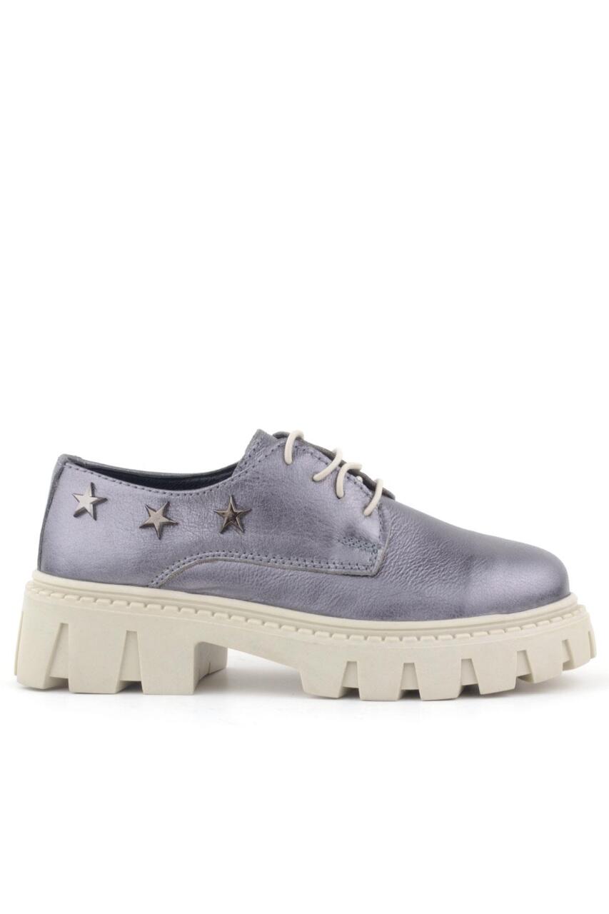 Rakerplus Platinum Genuine Leather Lace-up Star Patterned Girls' Oxford School Shoes - 2