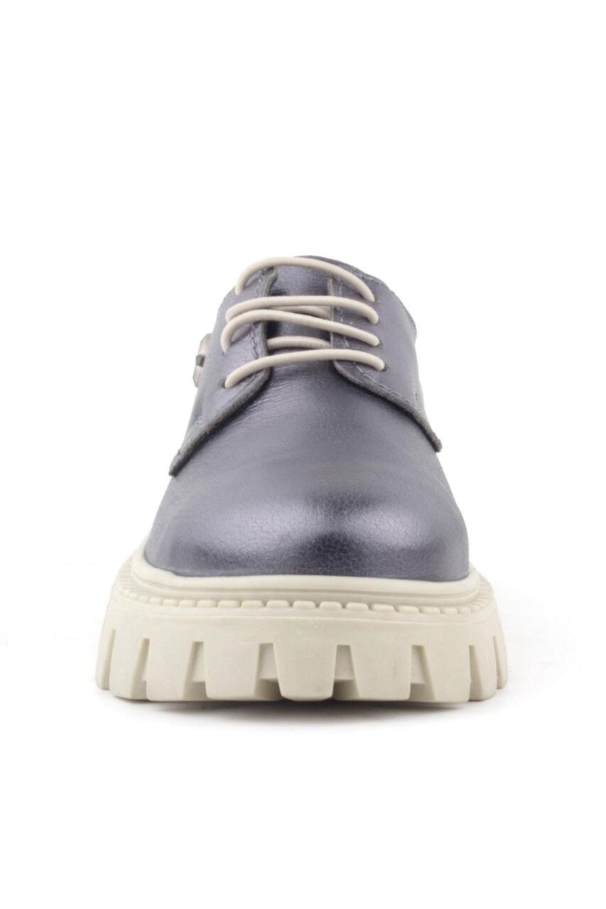 Rakerplus Platinum Genuine Leather Lace-up Star Patterned Girls' Oxford School Shoes - 3