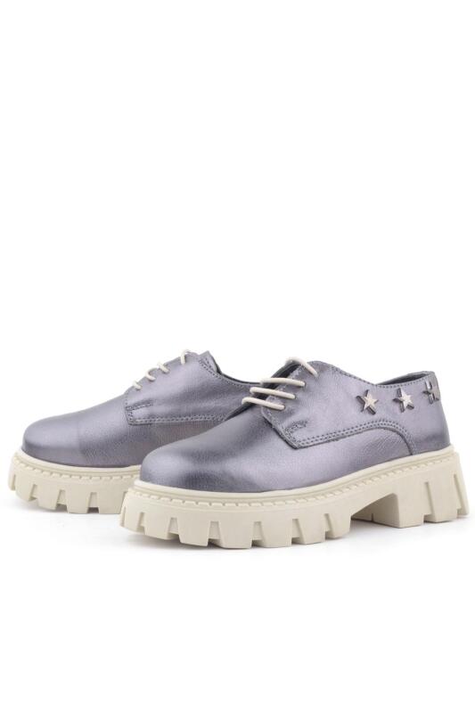 Rakerplus Platinum Genuine Leather Lace-up Star Patterned Girls' Oxford School Shoes - 4