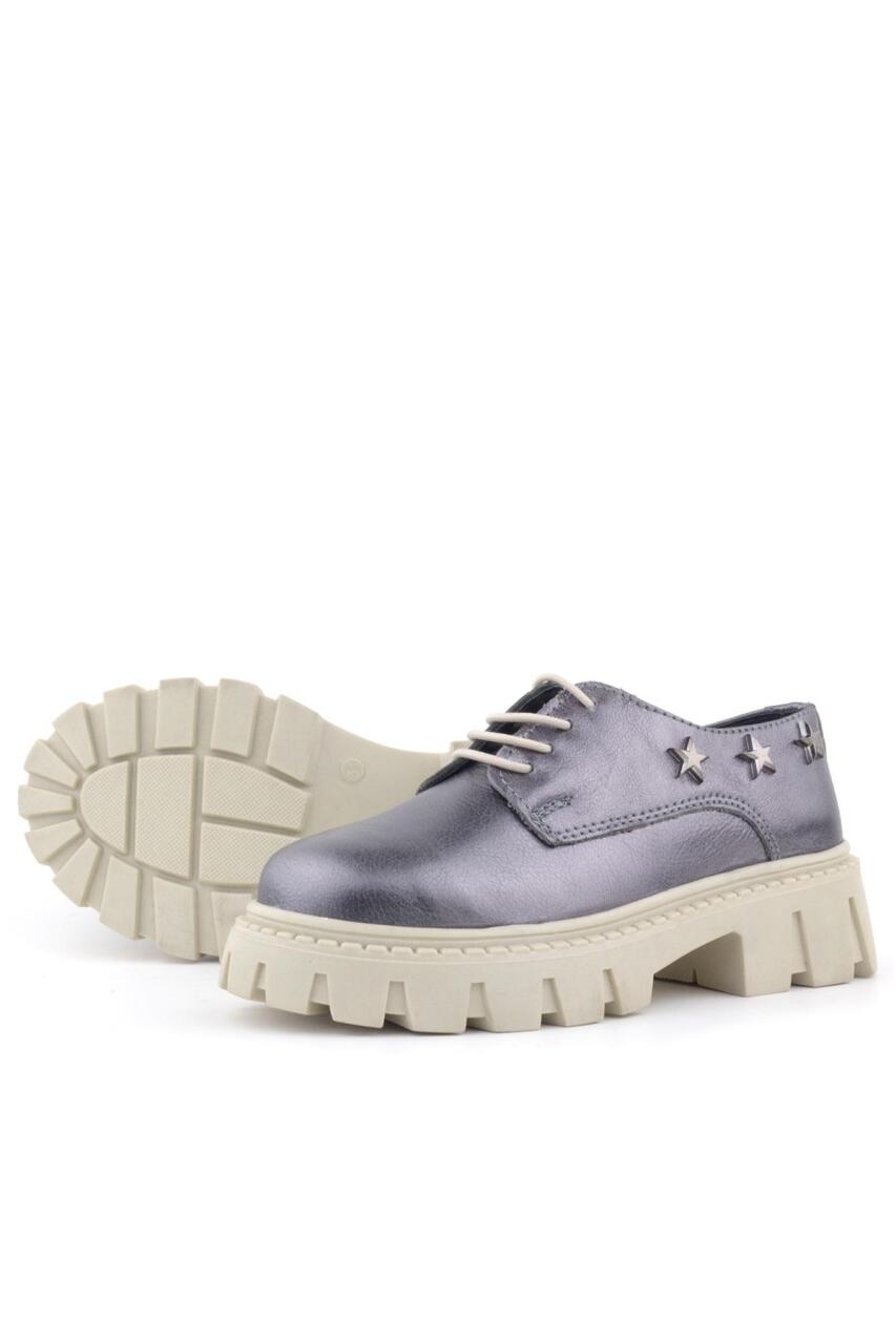 Rakerplus Platinum Genuine Leather Lace-up Star Patterned Girls' Oxford School Shoes - 5