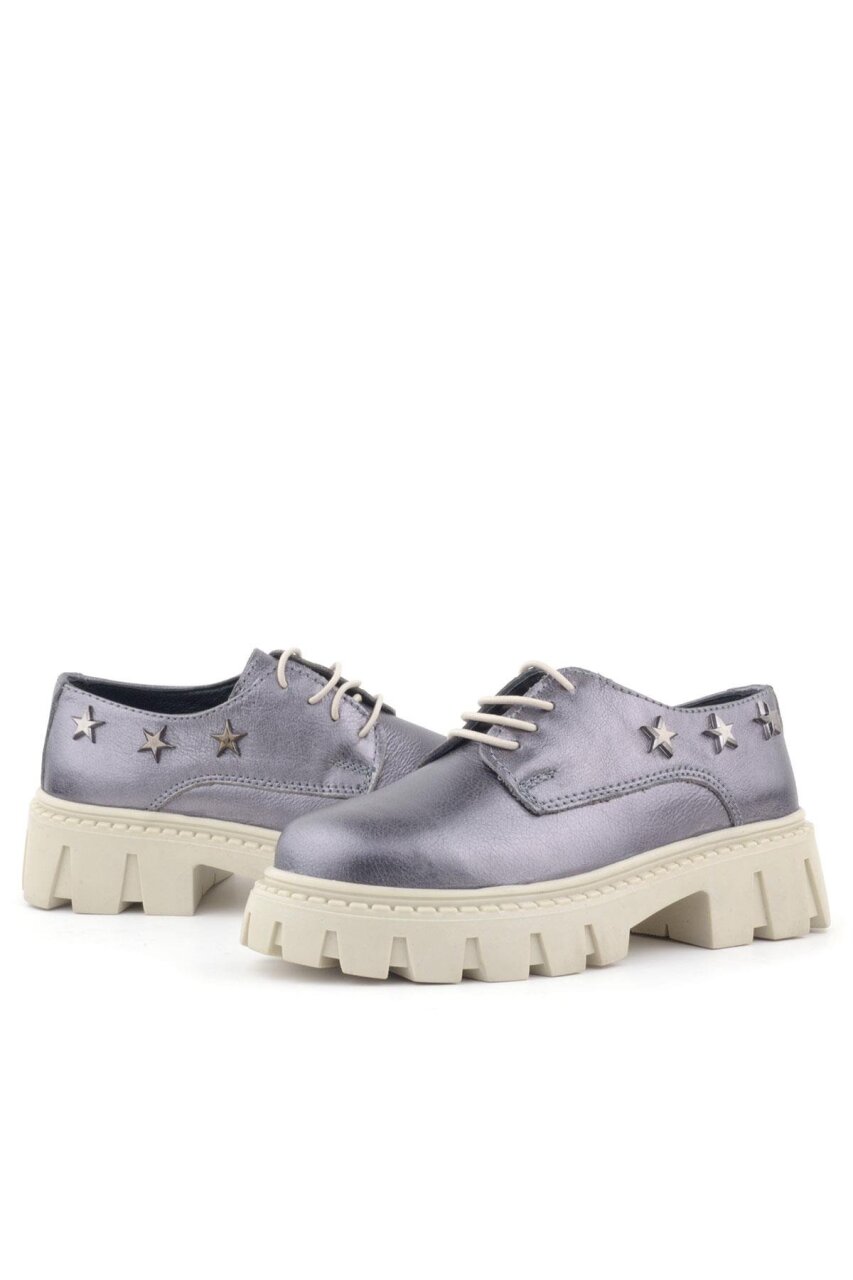 Rakerplus Platinum Genuine Leather Lace-up Star Patterned Girls' Oxford School Shoes - 6