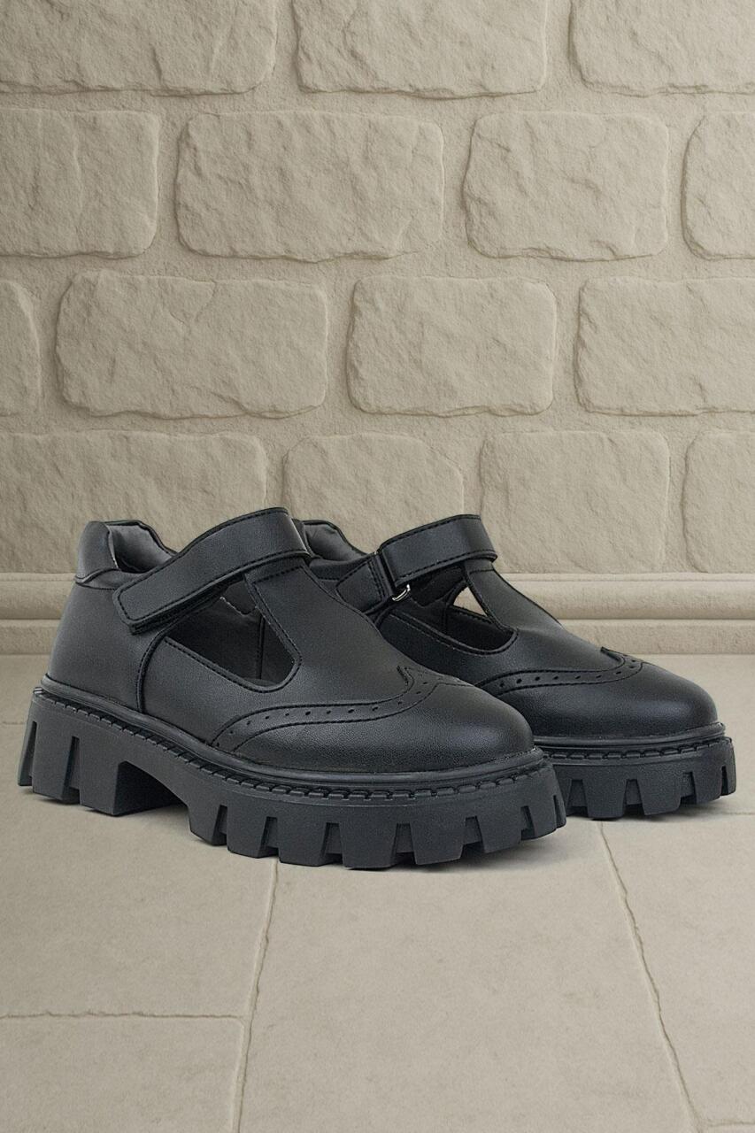 Rakerplus Siyah Mat Cırtlı Kız Çocuk Okul Ayakkabı - 1