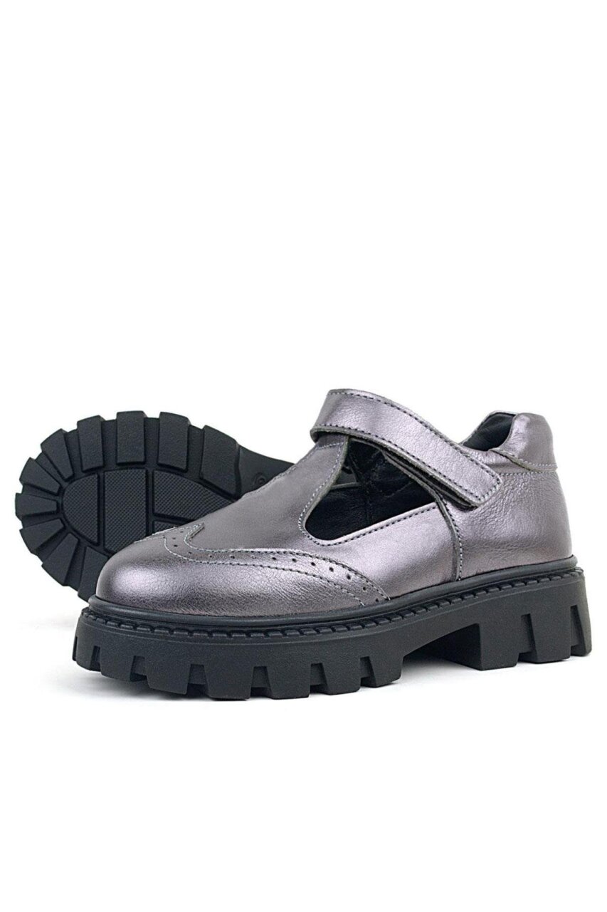 Rakerplus Hakiki Deri Platin Siyah Tabanlı Cırtlı Kız Çocuk Okul Ayakkabı - 6