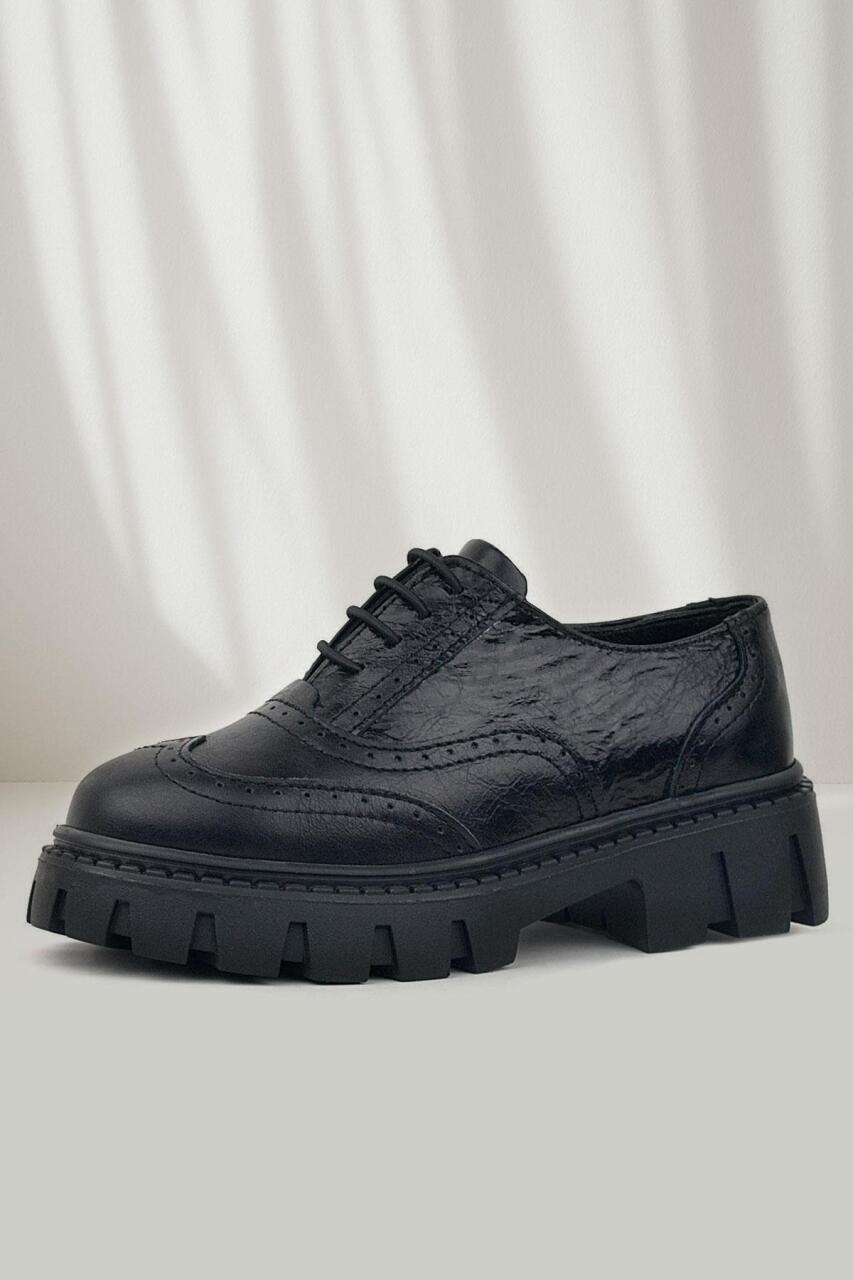 Rakerplus Black Wrinkled Patent Genuine Leather Lace-up Oxford Casual Shoes - 1