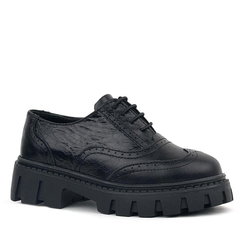 Rakerplus Black Wrinkled Patent Genuine Leather Lace-up Oxford Casual Shoes - 2