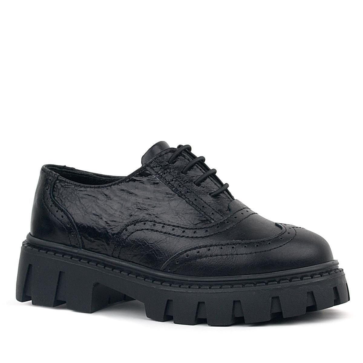 Rakerplus Black Wrinkled Patent Genuine Leather Lace-up Oxford Casual Shoes - 2