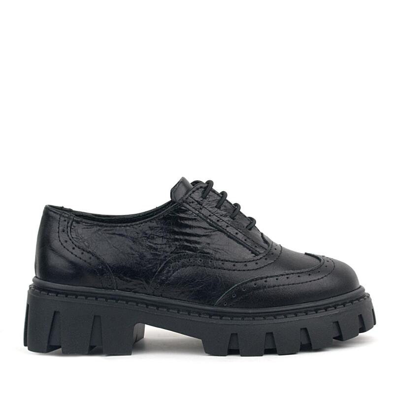 Rakerplus Black Wrinkled Patent Genuine Leather Lace-up Oxford Casual Shoes - 3