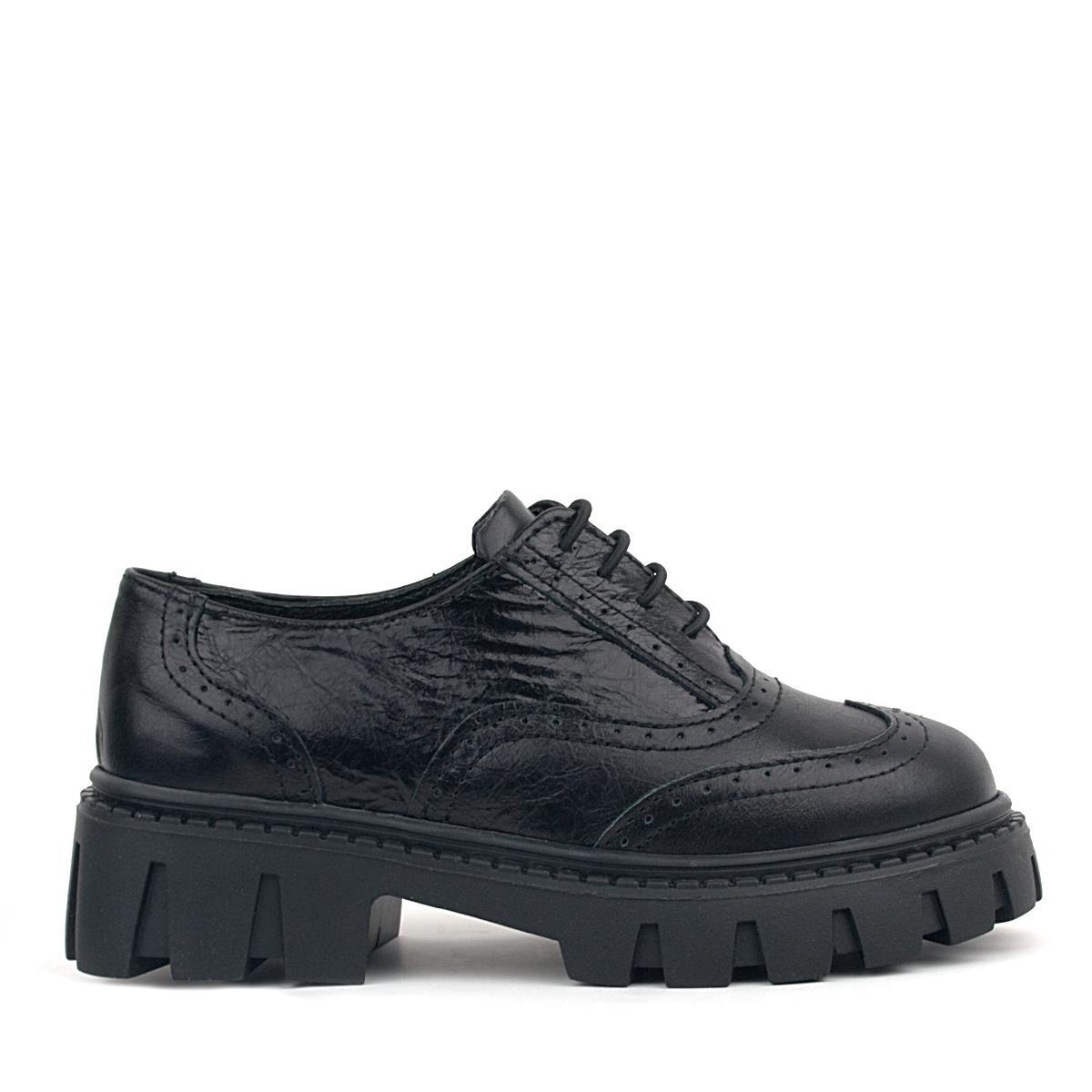 Rakerplus Black Wrinkled Patent Genuine Leather Lace-up Oxford Casual Shoes - 3