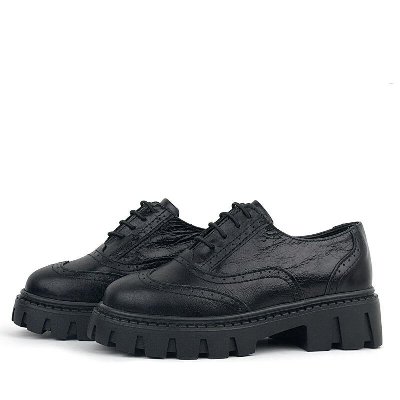 Rakerplus Black Wrinkled Patent Genuine Leather Lace-up Oxford Casual Shoes - 5