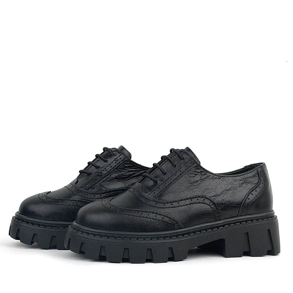 Rakerplus Black Wrinkled Patent Genuine Leather Lace-up Oxford Casual Shoes - 5