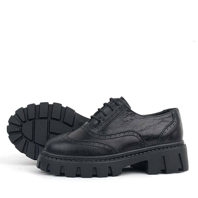 Rakerplus Black Wrinkled Patent Genuine Leather Lace-up Oxford Casual Shoes - 6