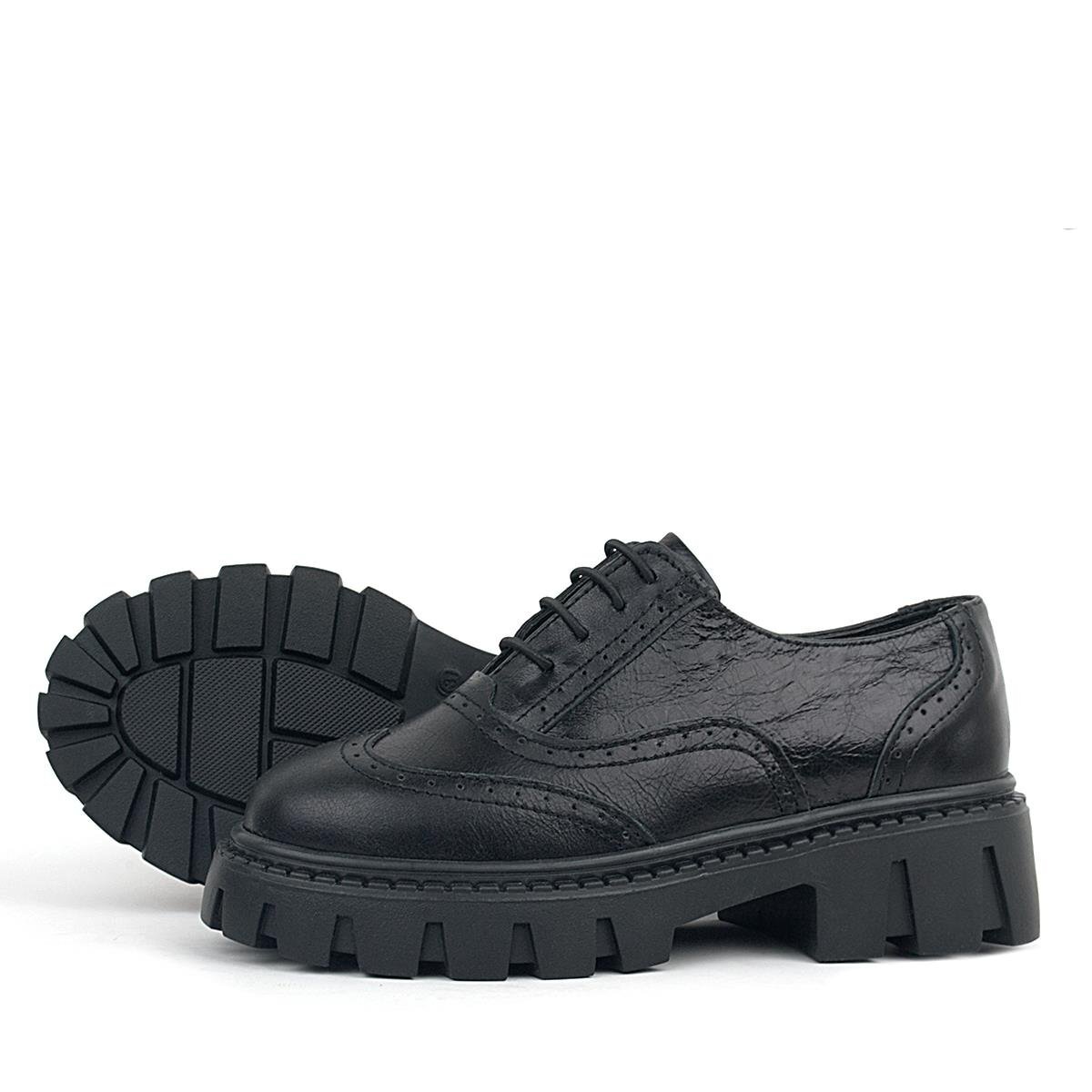 Rakerplus Black Wrinkled Patent Genuine Leather Lace-up Oxford Casual Shoes - 6