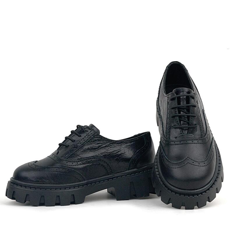 Rakerplus Black Wrinkled Patent Genuine Leather Lace-up Oxford Casual Shoes - 7