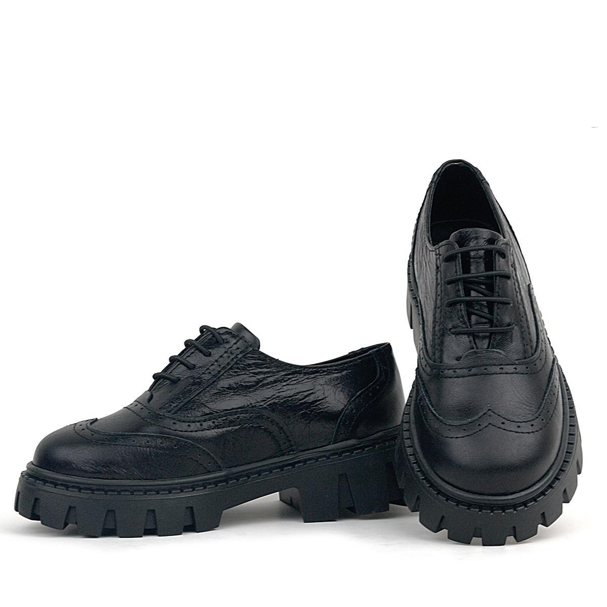 Rakerplus Black Wrinkled Patent Genuine Leather Lace-up Oxford Casual Shoes - 7
