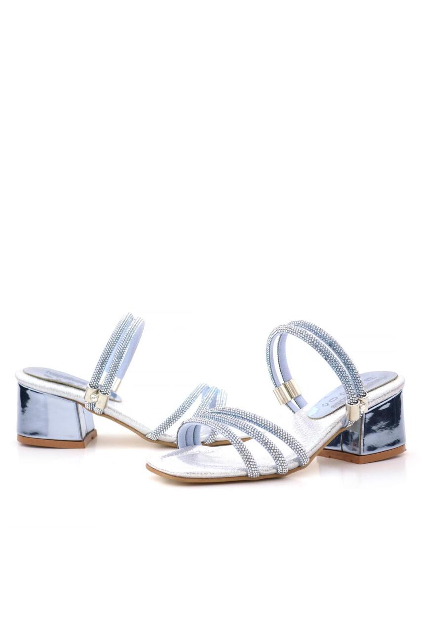 Judy Mavi Gümüş Taşlı Kız Çocuk Topuklu Terlik Ayakkabı - 7