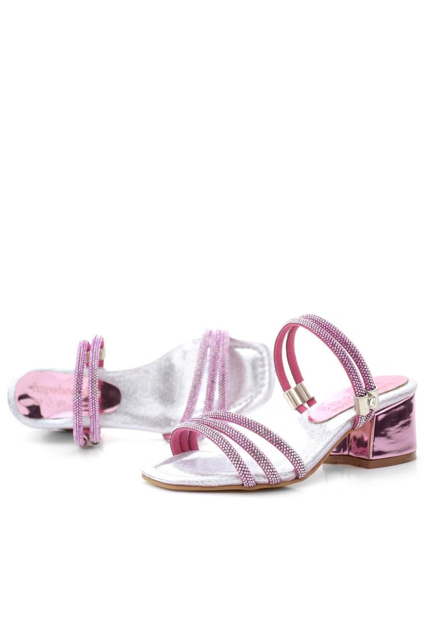 Judy Pembe Gümüş Taşlı Kız Çocuk Topuklu Terlik Ayakkabı - 6