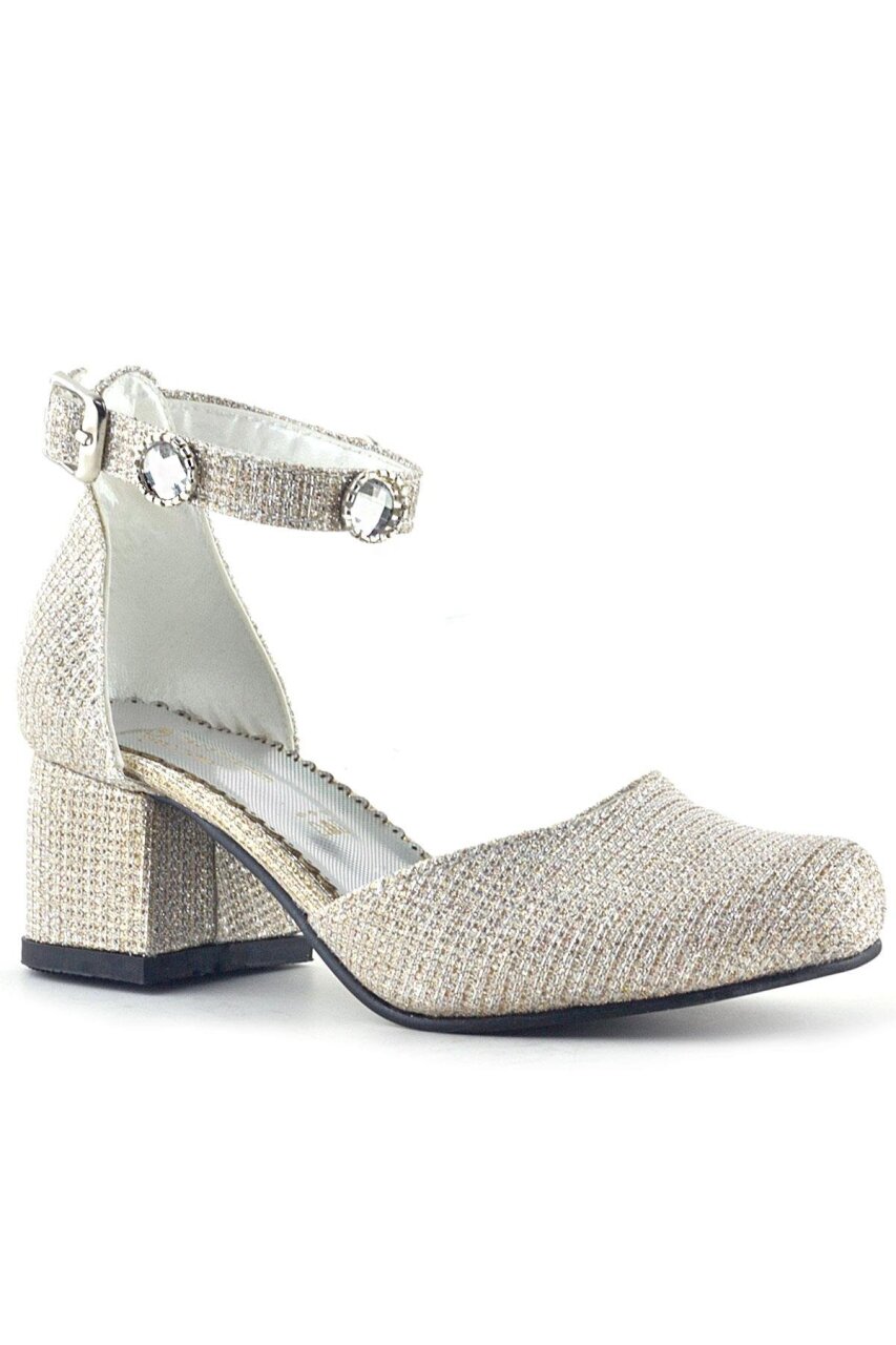 Merida Light Gold Glittery Chunky Heeled Girls' Shoes with Stone Details - 1