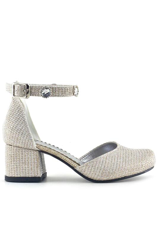 Merida Light Gold Glittery Chunky Heeled Girls' Shoes with Stone Details - 2