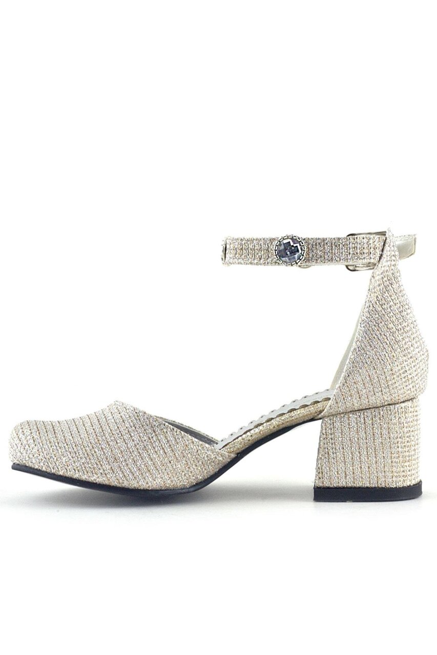 Merida Light Gold Glittery Chunky Heeled Girls' Shoes with Stone Details - 3