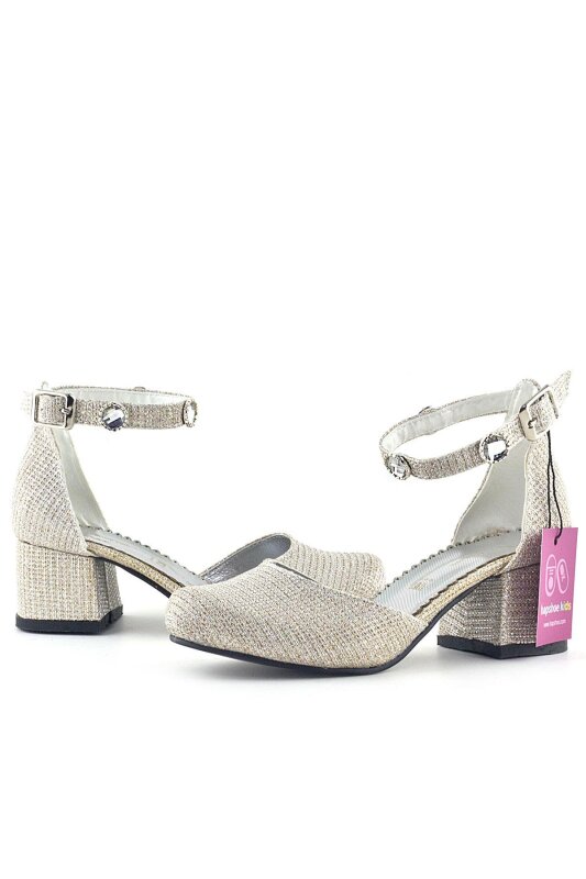 Merida Light Gold Glittery Chunky Heeled Girls' Shoes with Stone Details - 4