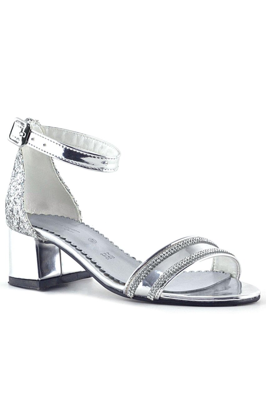 Elsa Silver Mirrored Glittery Thick-Heeled Shiny Stone Embellished Girl's Formal Shoes - 1