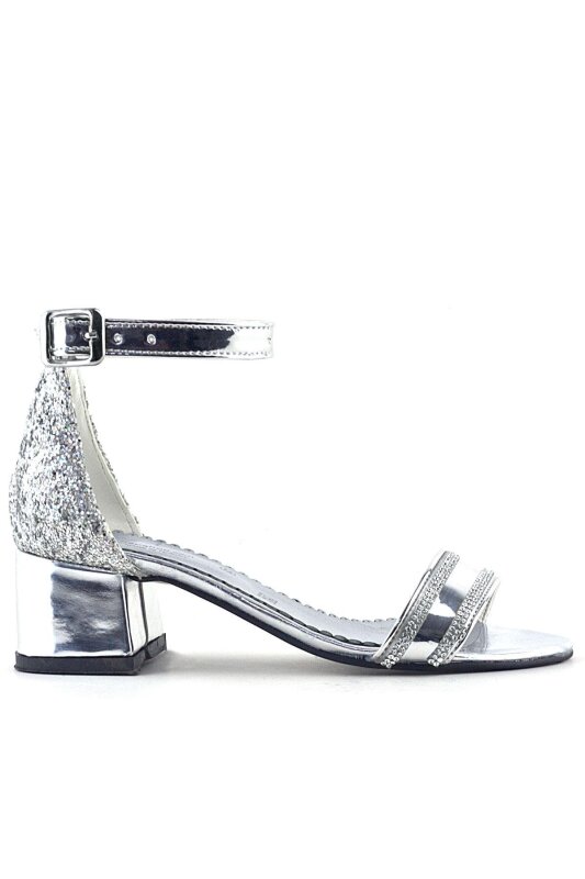 Elsa Silver Mirrored Glittery Thick-Heeled Shiny Stone Embellished Girl's Formal Shoes - 2