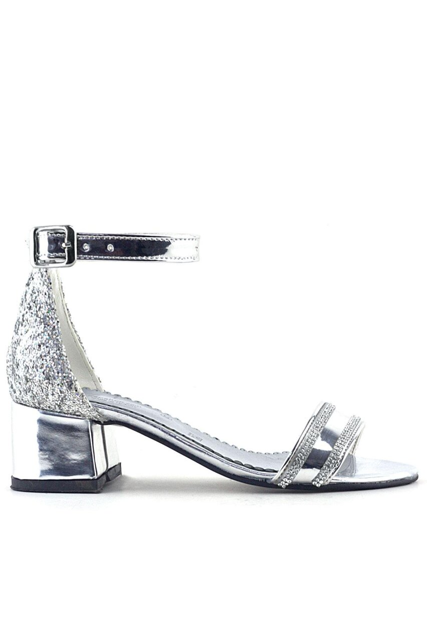 Elsa Silver Mirrored Glittery Thick-Heeled Shiny Stone Embellished Girl's Formal Shoes - 2