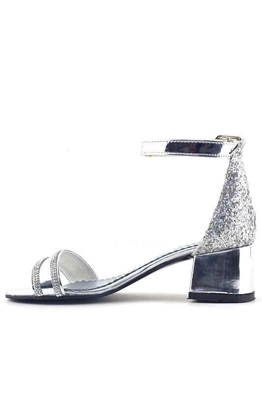 Elsa Silver Mirrored Glittery Thick-Heeled Shiny Stone Embellished Girl's Formal Shoes - 3