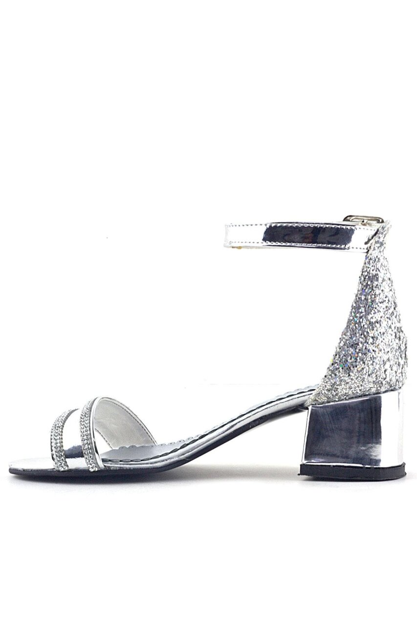 Elsa Silver Mirrored Glittery Thick-Heeled Shiny Stone Embellished Girl's Formal Shoes - 3