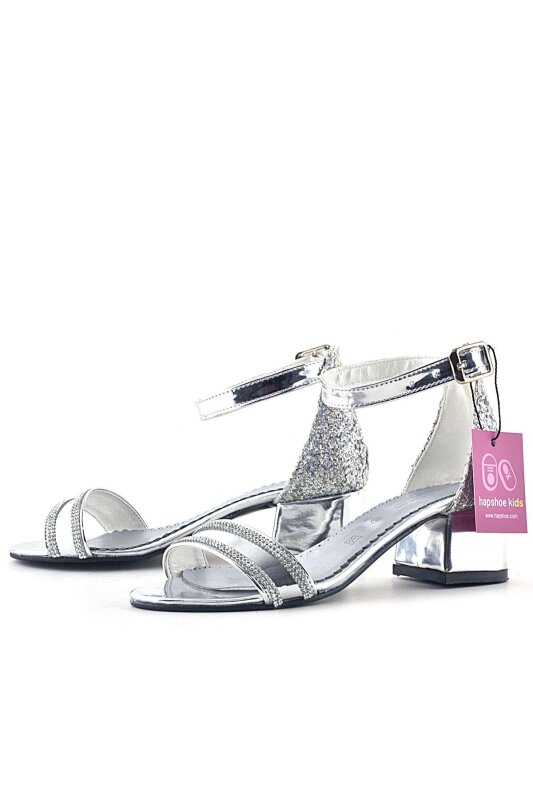 Elsa Silver Mirrored Glittery Thick-Heeled Shiny Stone Embellished Girl's Formal Shoes - 4