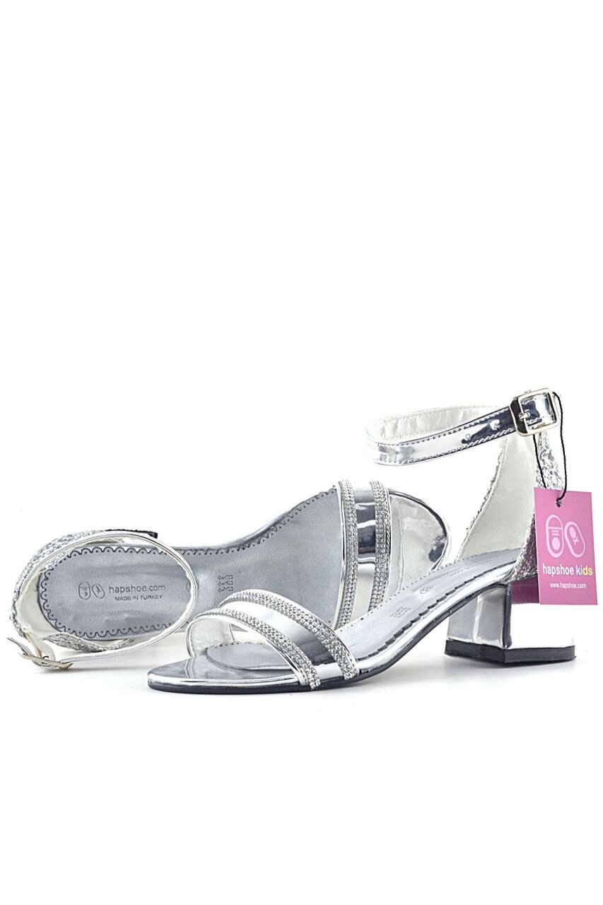 Elsa Silver Mirrored Glittery Thick-Heeled Shiny Stone Embellished Girl's Formal Shoes - 5