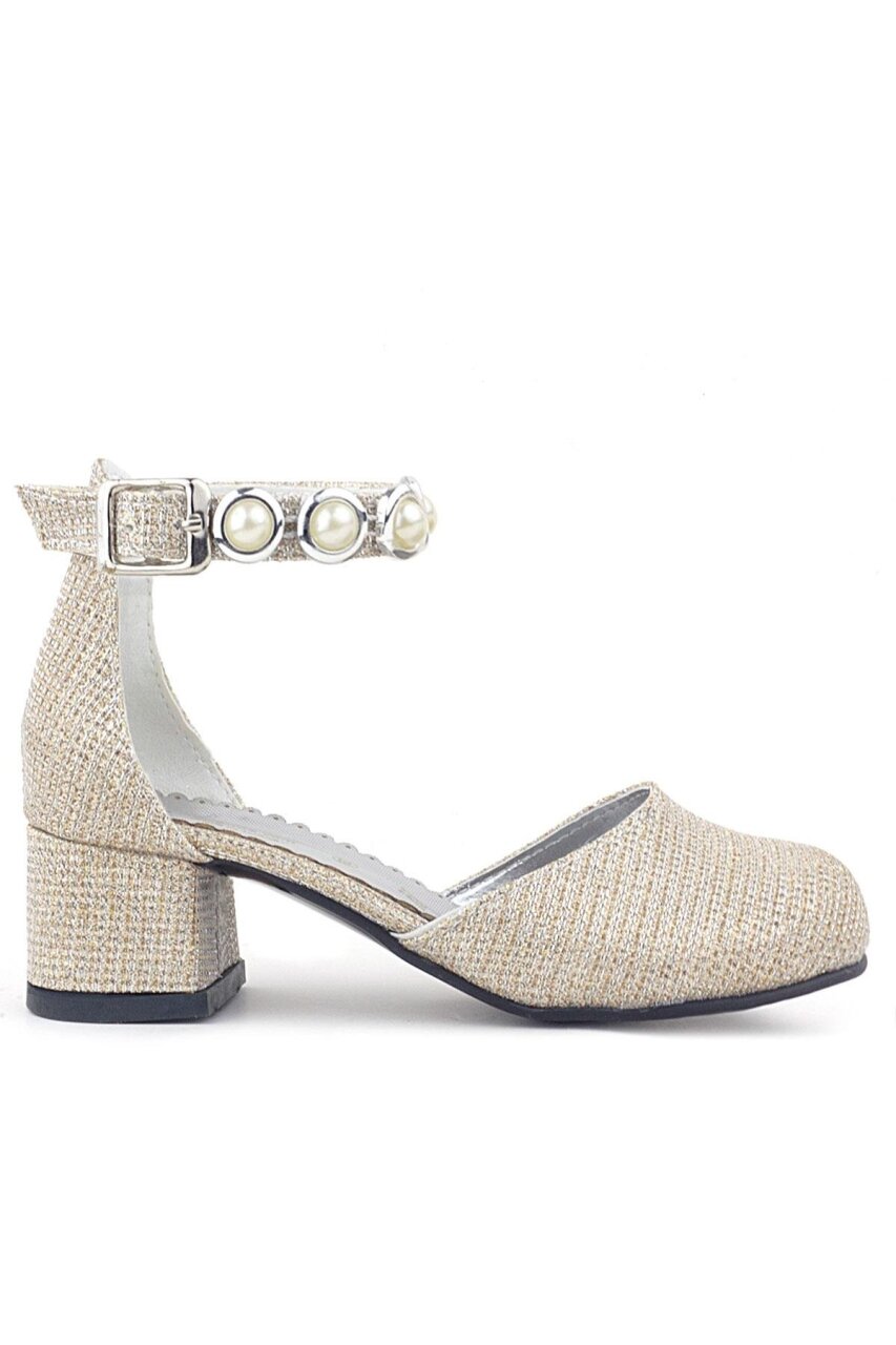 Merida Gold Glittery Thick-Heeled Rhinestone Embellished Girls' High-Heeled Shoes - 1