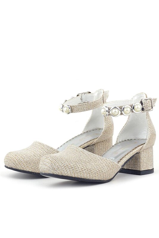 Merida Gold Glittery Thick-Heeled Rhinestone Embellished Girls' High-Heeled Shoes - 3