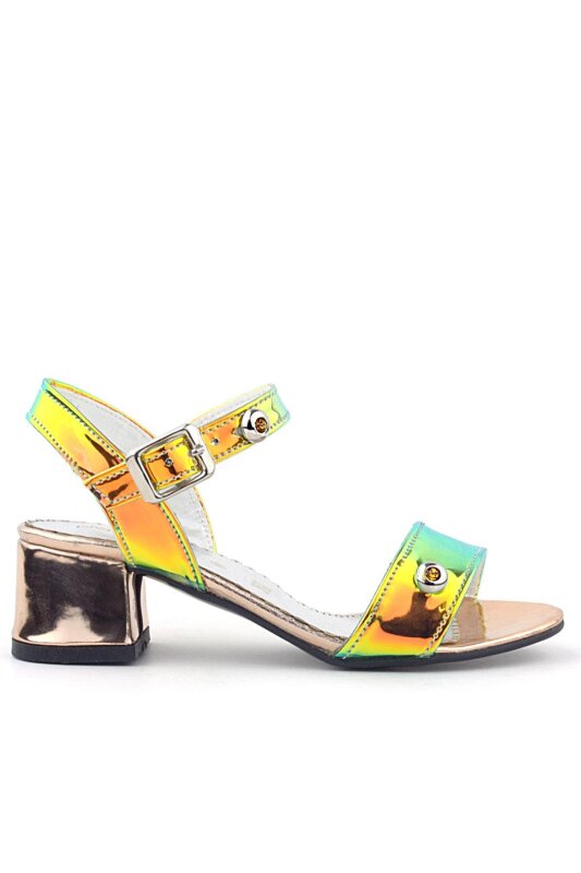 Pony Hologram Bakır Yeşil Kalın Topuklu Kız Çocuk Taş Detaylı Abiye Ayakkabı - hapshoe kids