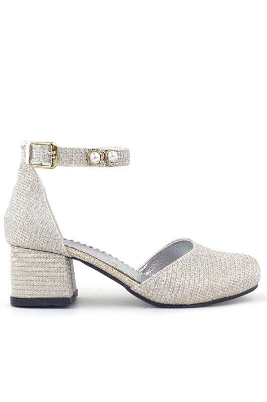 Merida Gold Simli Kalın Topuklu İnci Detaylı Kız Çocuk Topuklu Ayakkabı - hapshoe kids