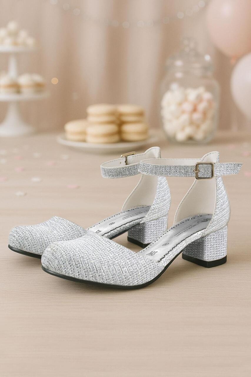 Merida Silver Glittery Chunky Heeled Girls' Shoes - 1