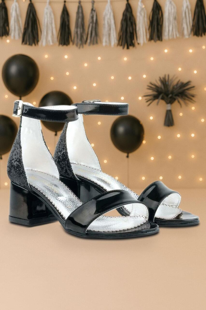 Elsa Black Patent Leather Glittery Chunky Heeled Girl's Formal Shoes - 1