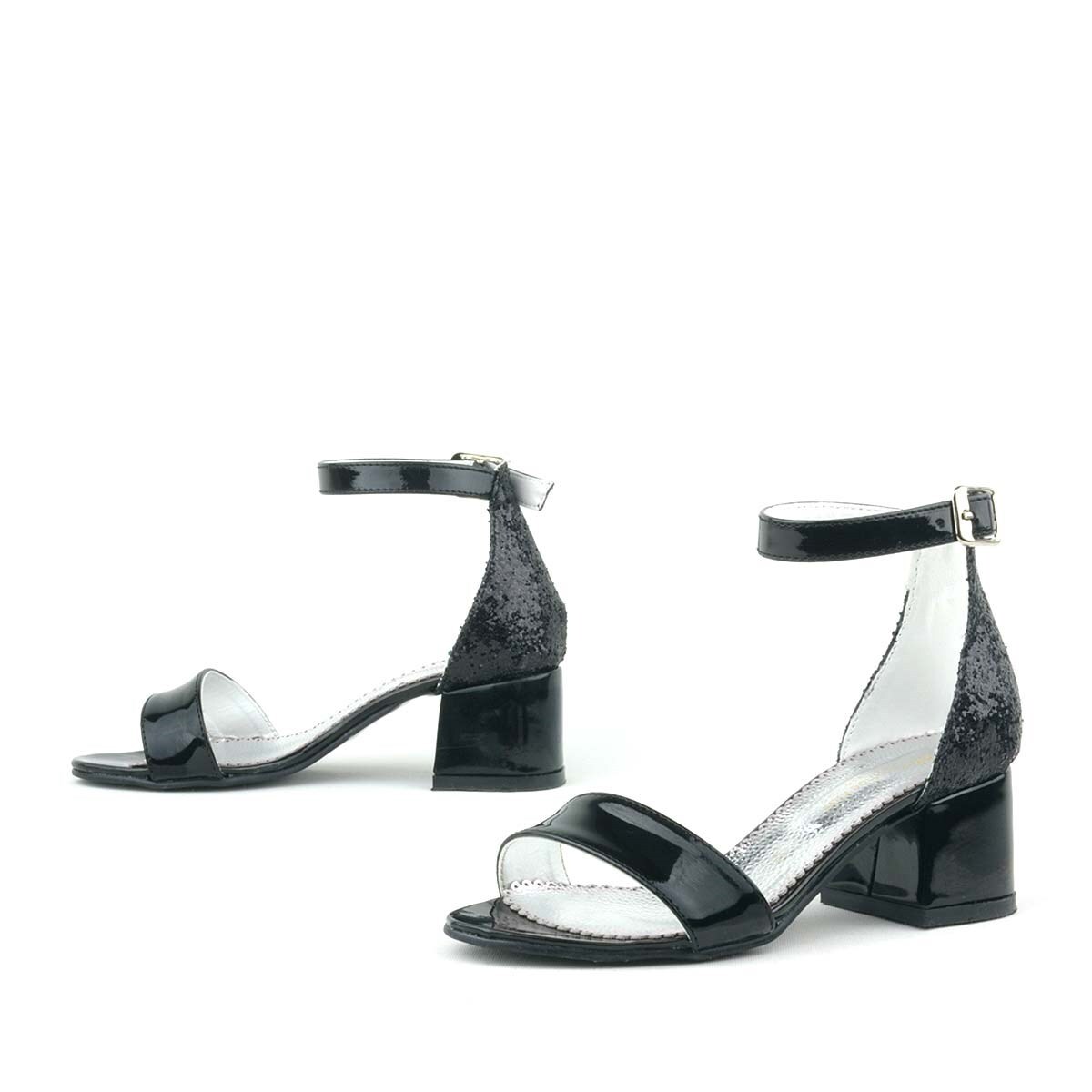 Elsa Black Patent Leather Glittery Chunky Heeled Girl's Formal Shoes - 6